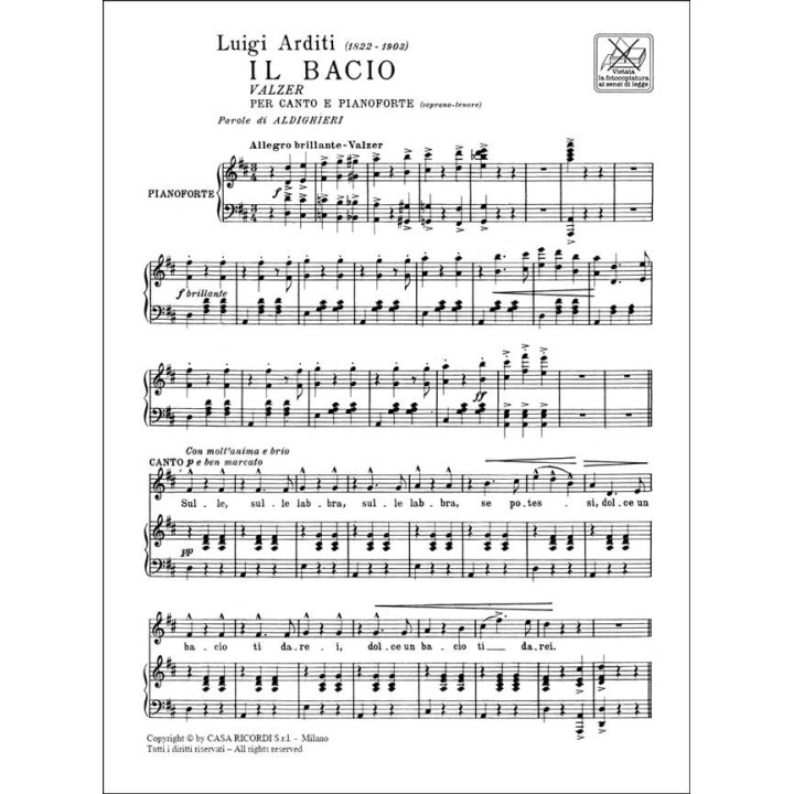 IL BACIO PER CANTO E PIANOFORTE / SOPRANO-TENORE