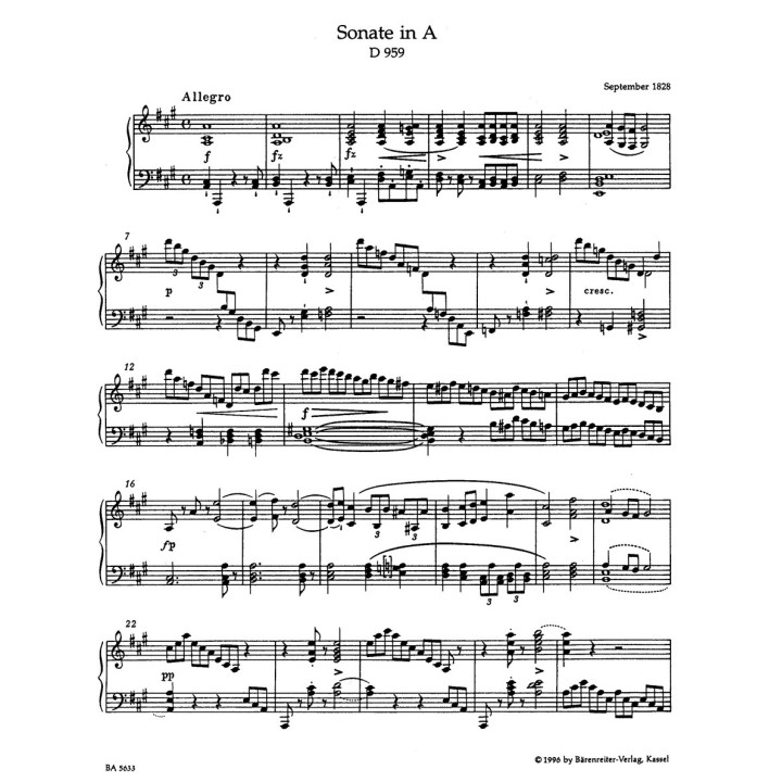 SONATA IN A MAJOR  D 959 FOR PIANO